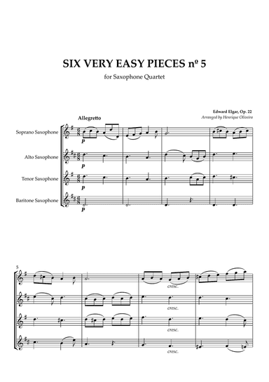 Six Very Easy Pieces nº 5 (Allegretto) - For Saxophone Quartet
