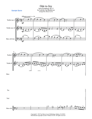 ODE TO JOY, Beethoven for String Trio, Woodwind Trio, any combination of two treble clef instruments