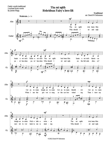 Hebridean fairy's love song (Tha Mi sgith) arranged for Alto or Baritone and Guitar