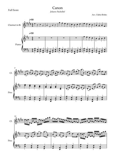 Canon - Johann Pachelbel (Wedding/Reduced Version) for Clarinet in Bb Solo and Piano Accompaniment