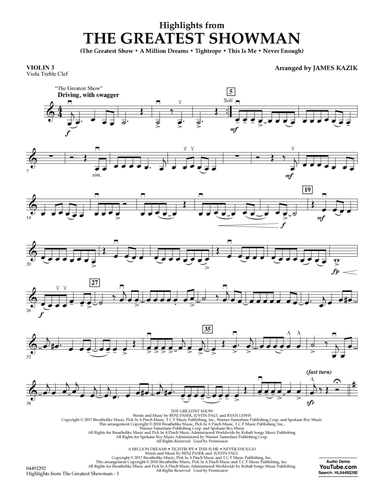 Highlights from The Greatest Showman (arr. James Kazik) - Violin 3 (Viola Treble Clef)