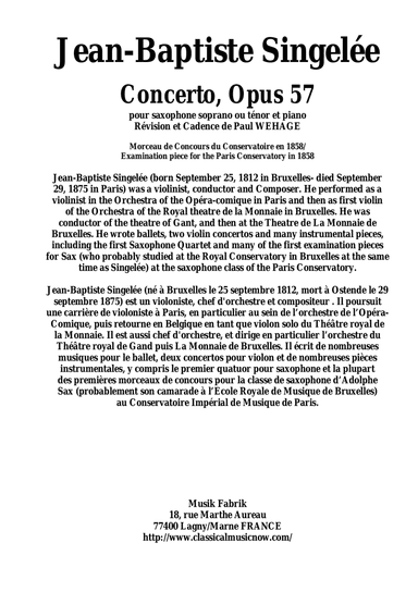 Jean-Baptiste Singelée Concerto, Opus 57 pour saxophone soprano ou ténor et piano Révision et Cadenc