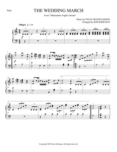 Bridal March Mendelssohn for harp no levers required