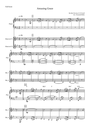 Amazing Grace (John Newton, E. O. Excell) for Horn in F Duo and Piano Accompaniment with Chords