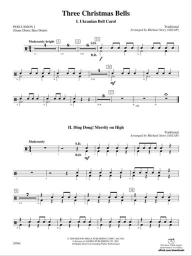 Three Christmas Bells (I. Ukranian Bell Carol, II. Ding Dong! Merrily on High, III. Jingle Bells): 1st Percussion