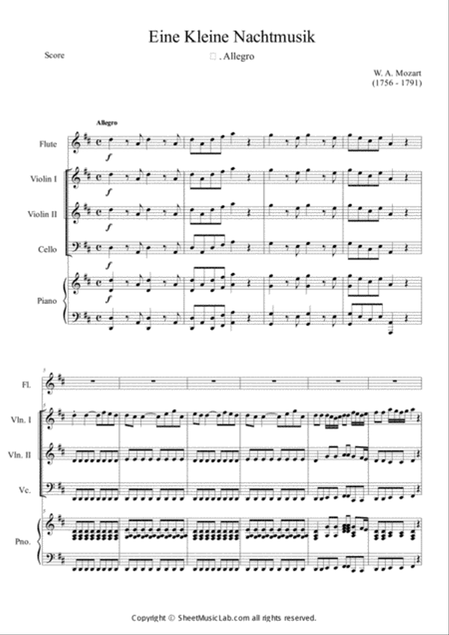 Serenade No.13 "Eine Kleine Nachtmusik" in G major, K.525 1.Allegro Easy & Short In D