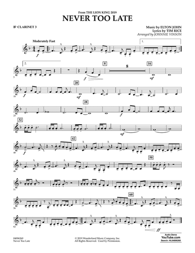 Never Too Late (from The Lion King 2019) (arr. Johnnie Vinson) - Bb Clarinet 3