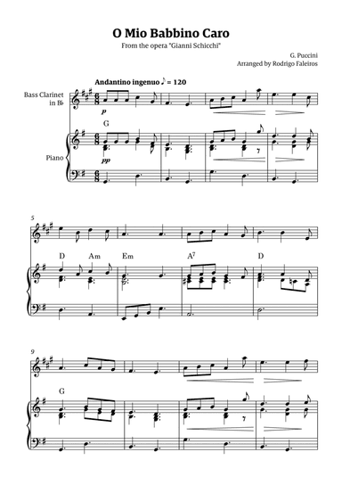O Mio Babbino Caro - for bass clarinet solo (with piano accompaniment and chords)