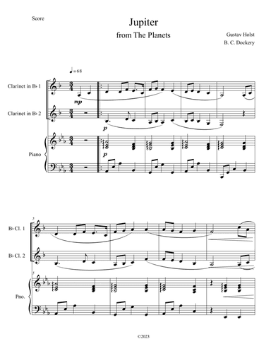 Jupiter (from The Planets) for Clarinet Duet with Piano Accompaniment