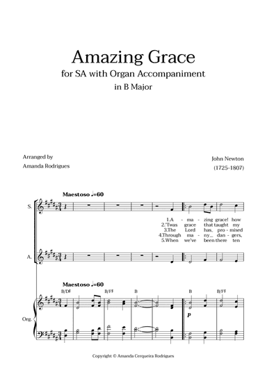 Amazing Grace in B Major - SA with Organ Accompaniment and Chords
