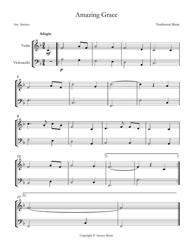 John Newton Amazing Grace Easy Violin and Cello Sheet Music F major