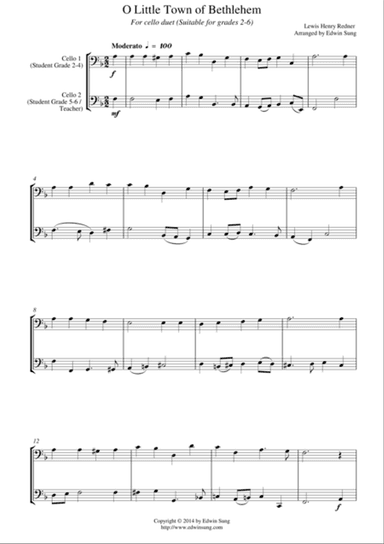 O Little Town of Bethlehem (for cello duet, suitable for grades 2-6)