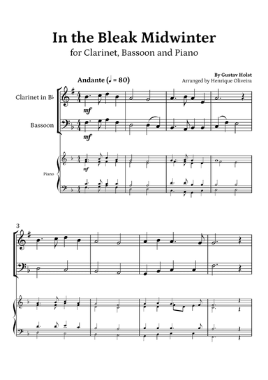 In the Bleak Midwinter (Clarinet, Bassoon and Piano) - Beginner Level