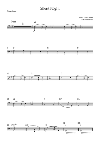 Silent Night (Christmas Song) for Trombone Solo with Chords