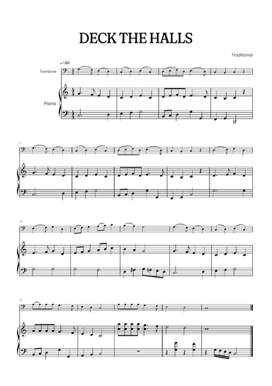 Deck the Halls for trombone with piano accompaniment • easy Christmas song sheet music