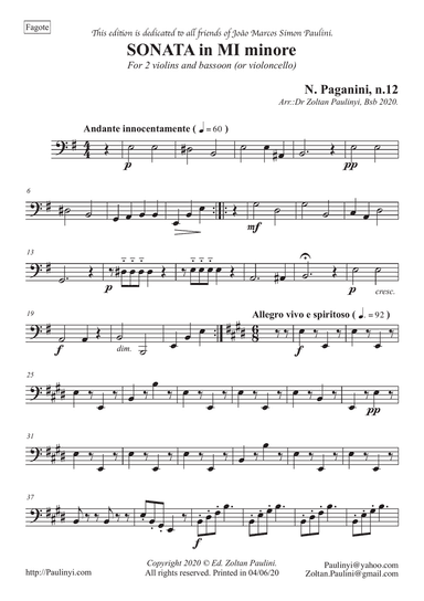 Paganini's Sonata in Mi minore n.12 for trio (solo violin, violin 2 and violoncelo or bassoon)