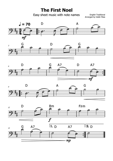 The First Noel - (D Major - with note names)