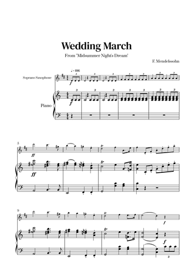 Felix Mendelssohn - Wedding March From Midsummer Night's Dream for Soprano Saxophone and Piano