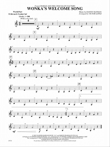 Wonka's Welcome Song (from Charlie and the Chocolate Factory): (wp) E-flat Tuba T.C.