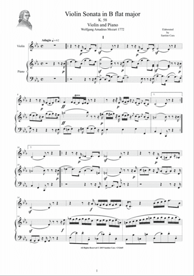 Mozart - Violin Sonata in E flat K 58 for Violin and Piano - Score and Part