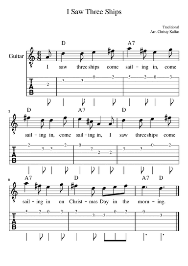I Saw Three Ships - Guitar tab and chords (key of D)