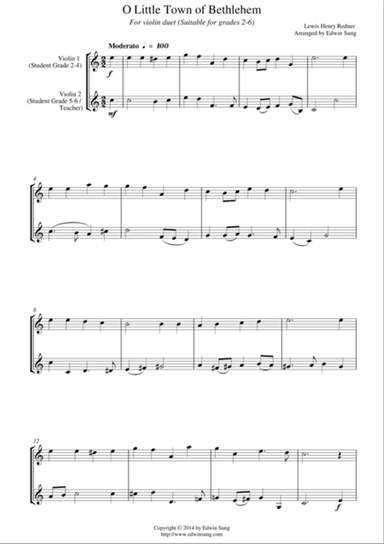 O Little Town of Bethlehem (for violin duet, suitable for grades 2-6)