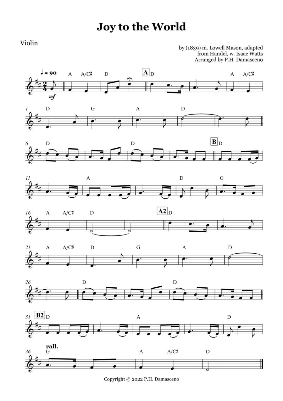 Joy to the World - Violin Solo and Piano Accompaniment with Chords