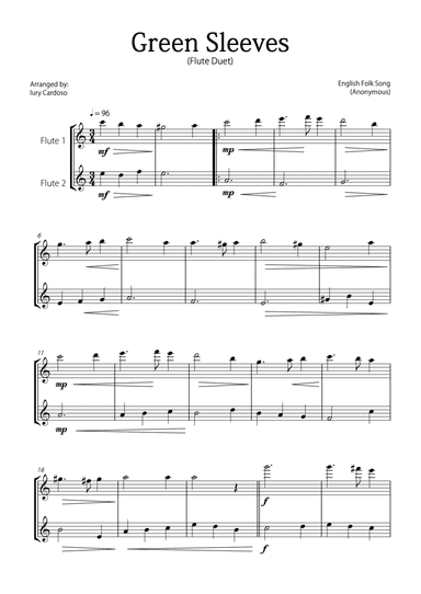 "Green Sleeves" - Beautiful easy version for FLUTE DUET