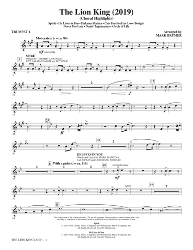 The Lion King (2019) (Choral Highlights) - Trumpet 1
