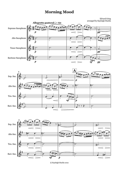Morning Mood by Edvard Grieg - Saxophone quartet (SATB)