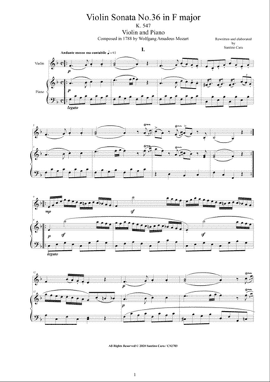Mozart - Violin Sonata No.36 in F major K 547 for Violin and Piano - Score and Part