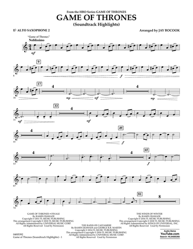 Game Of Thrones (Soundtrack Highlights) (arr. Jay Bocook) - Eb Alto Saxophone 2