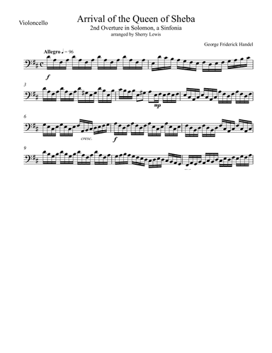 Arrival of The Queen of Sheba for Cello Solo
