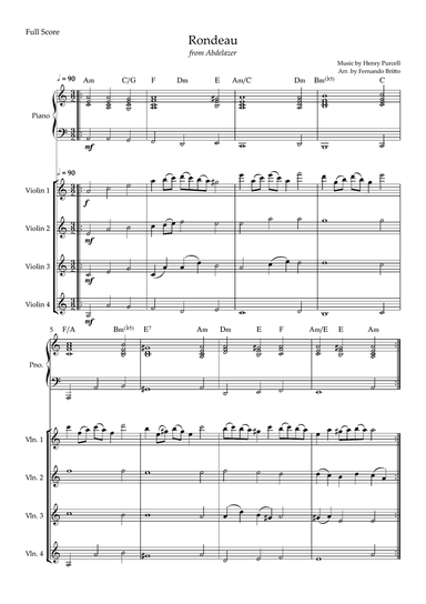 Rondeau (from Abdelazer) for Violin Quartet and Piano Accompaniment with Chords