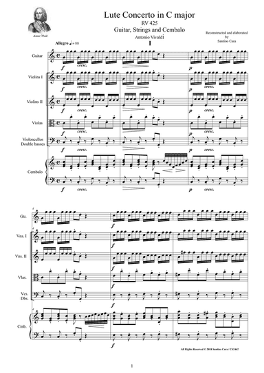 Vivaldi - Lute Concerto in C major RV 425 for Guitar, Strings and Cembalo