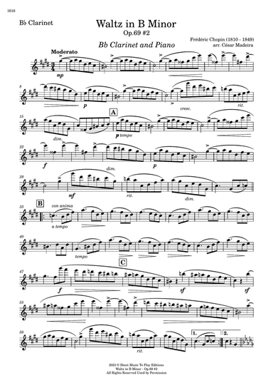 Waltz Op.69 No.2 in B Minor by Chopin - Bb Clarinet and Piano (Individual Parts)