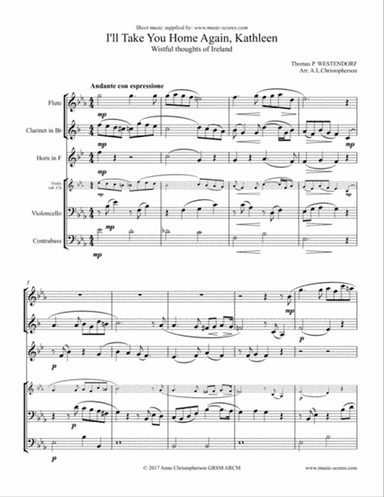 I Will Take you Home Kathleen - Flute, Clarinet or Violin, French Horn, Cello and Contrabass