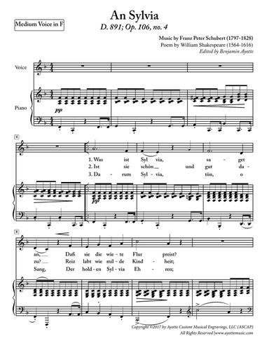 Schubert - An Sylvia - Medium Voice in F Major