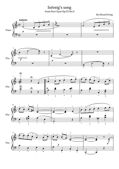 Solveig's song - from Peer Gynt Op.55 No.4 - For Easy Piano With Fingered