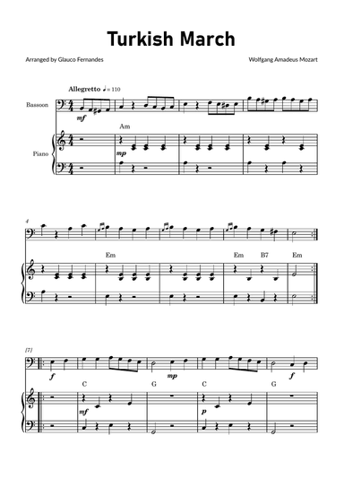 Turkish March by Mozart - Bassoon and Piano with Chord Notations