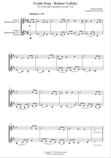 Cradle Song - Brahms’ Lullaby (for violin duet, suitable for grades 2-6)