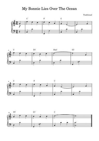 My Bonnie Lies Over The Ocean (Easy Piano)
