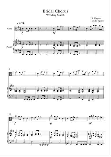 Bridal Chorus (Wedding March), Richard Wagner, For Viola & Piano