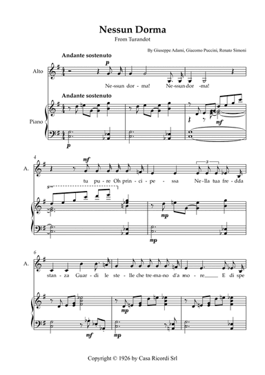 Nessun Dorma - Alto & Piano