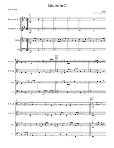 Minueto in G (J. S. Bach) for 2 Trumpet, Violin and Cello