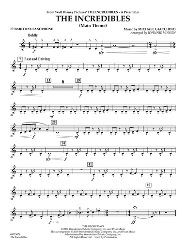 The Incredibles (Main Theme) (arr. Johnnie Vinson) - Eb Baritone Saxophone