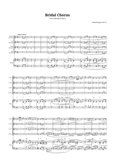 Bridal Chorus by Wagner for Recorder Quartet and Piano with Chords