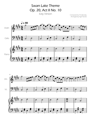 Swan Lake (theme) - Tchaikovsky - Cello and Violin Duet w/ Piano Accompaniment
