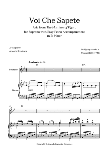 Voi Che Sapete from "The Marriage of Figaro" - Easy Soprano and Piano Aria Duet with Chords in Bb Ma