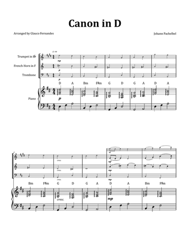 Canon by Pachelbel - Brass Trio with Piano and Chord Notation